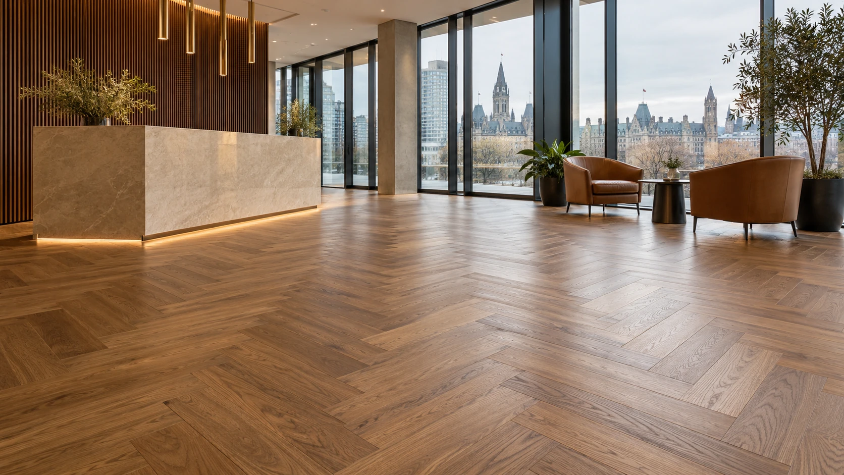 AI-generated design inspiration: a sophisticated commercial interior highlighting carefully detailed wood flooring