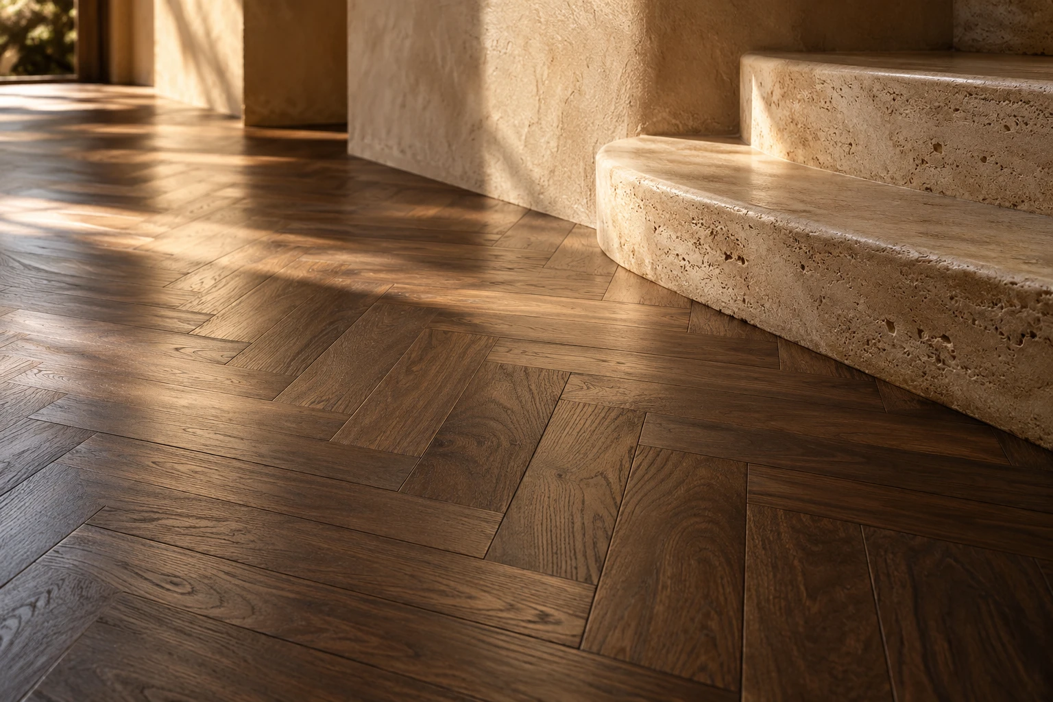 Design inspiration: rich parquet grain and a sculptural stone step