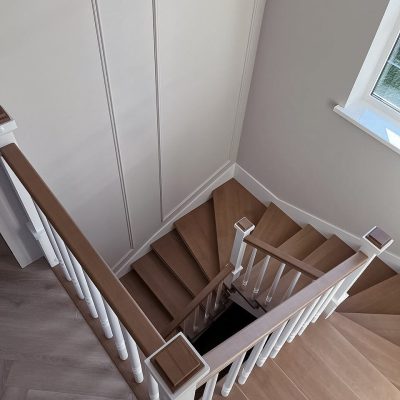 Stairs and herring bone floors installed by Flooring Hardwood Plus